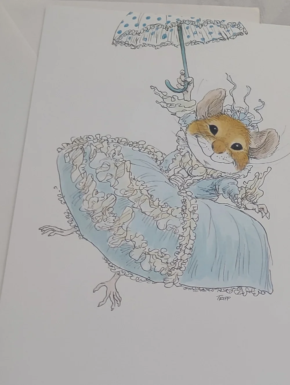 Lady Mouse With Fashion Dress And Umbrella Vintage Birthday Card Wallace Tripp